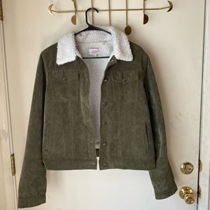 Olive Green Corduroy Button Down Jacket with Fleece Lining. Large Size.